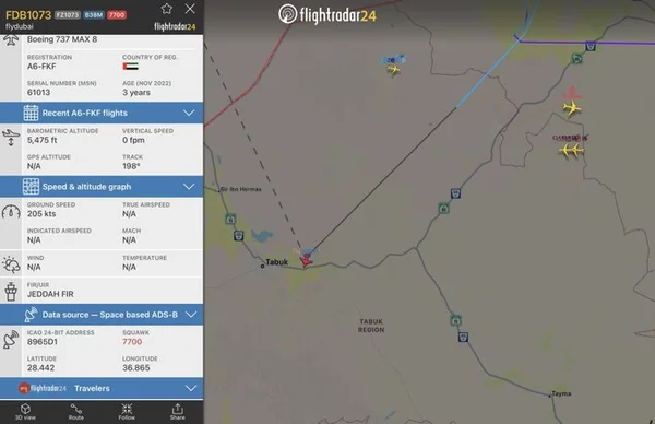 Рейс Flydubai FZ1073 после аварийного сигнала 7500